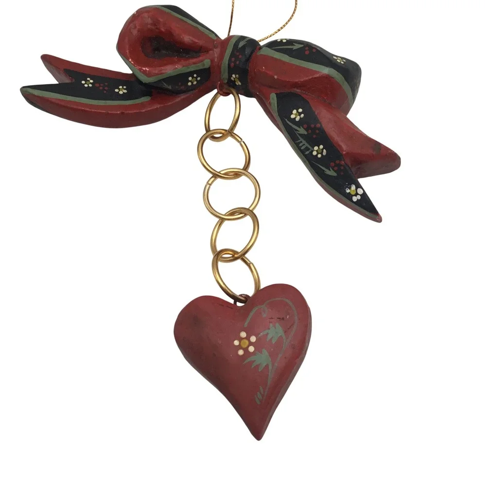 Vintage 1990 H of H Hand Painted Wood Bow and Heart Christmas Ornament Folk Art